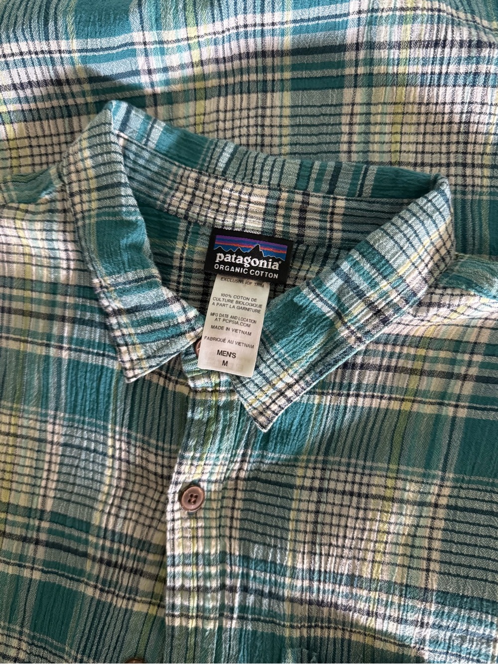 Patagonia 100% Organic Cotton Blue Plaid Short Sleeve Button Down Size Medium